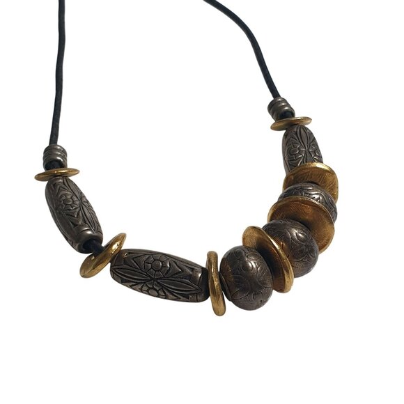 Handcrafted Leather Cord Necklace Rustic Brass Silver Tone Beads Lobster Clasp T - Picture 2 of 4